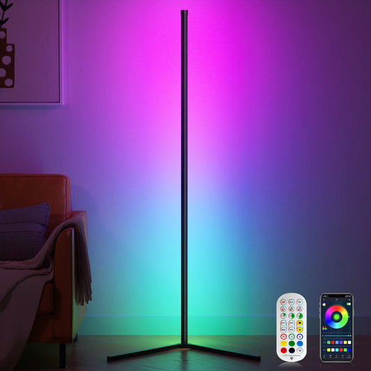 Smart RGB LED Corner Floor Lamp with App and Remote Control, 16 Million Color Options, Music Sync, Modern Design for Bedroom, Living Room, and Gaming Room, with Timing and Scheduling Features